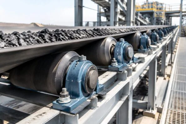 Belt conveyor running past rows of pillow block bearing units in a bulk materials plant