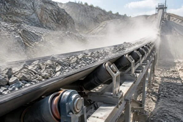 Long belt conveyor carrying crushed stone through a cloud of dust at a quarry, bearing units on the idler frames