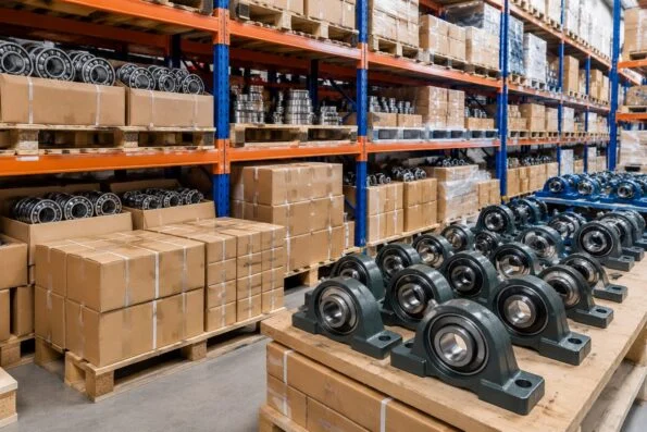 Warehouse shelves stacked with boxed industrial bearings and mounted bearing units ready for dispatch