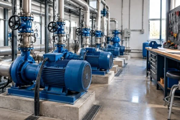 Plant pump room with electric motors and pumps beside a workshop bench