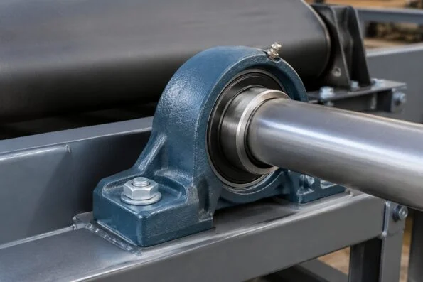 Close-up of a cast iron pillow block bearing unit bolted to a steel conveyor frame