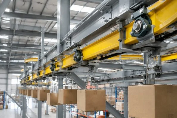 Overhead conveyor line inside a logistics warehouse with flanged bearing units on the support beams