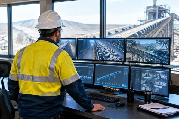 Maintenance supervisor in a conveyor control room watching belt line monitors