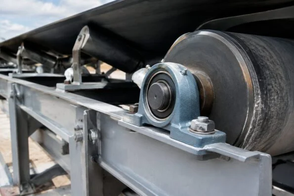 Pillow block bearing unit bolted to a steel conveyor frame beside a head pulley