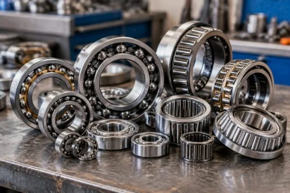 Assorted industrial ball and roller bearings arranged on a workshop bench