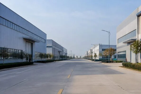 Industrial zone street with warehouse buildings in Liaocheng, Shandong