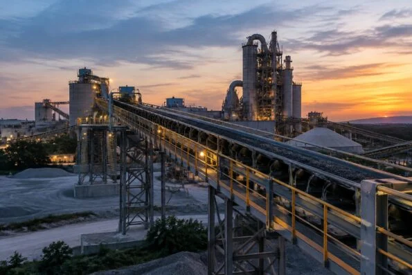 Belt conveyor running across a cement plant at dusk
