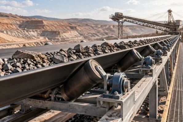 Long belt conveyor carrying ore across an open-pit mine, pillow block bearing units mounted on the idler frames