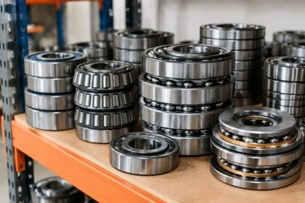 Deep groove, angular contact and thrust bearings stacked on a warehouse shelf