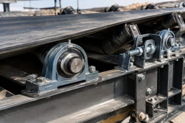 Pillow block and take-up bearing units bolted to a heavy belt conveyor frame