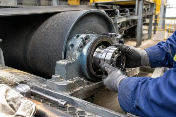 Maintenance crew replacing a conveyor drive pulley bearing during a plant shutdown