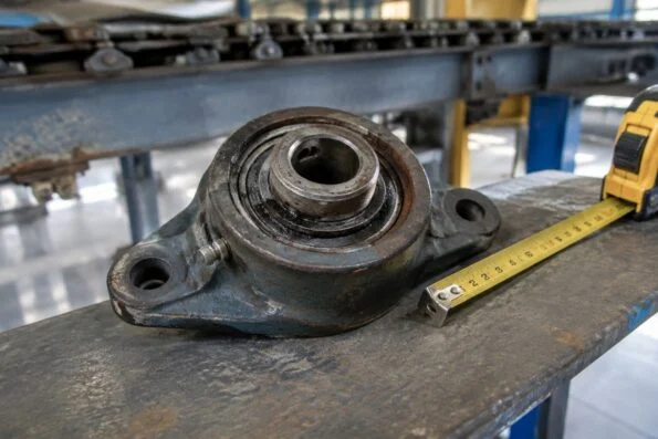 Worn flanged bearing unit on an overhead conveyor next to a measuring tape