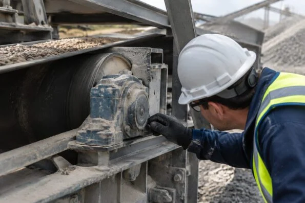 Maintenance engineer inspecting a flanged bearing unit on a dusty aggregate conveyor