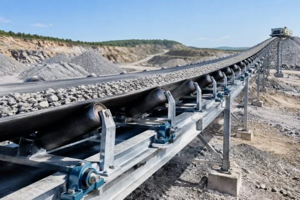 Long belt conveyor running across an aggregate quarry with idler rollers and pillow block bearings along the frame