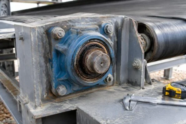 Worn flanged bearing unit bolted to a conveyor frame, ready for measurement and replacement