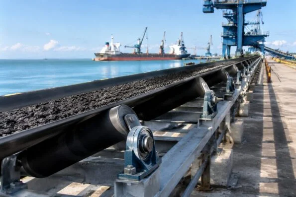 Long belt conveyor carrying bulk cargo along a port terminal quay, with bearing units mounted on the idler frames